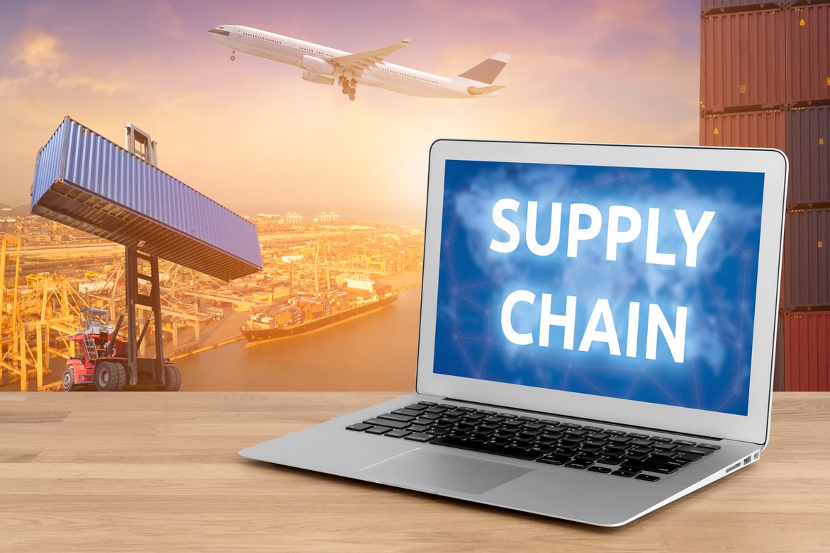 Laptop showing business supply chain and internet of things technology